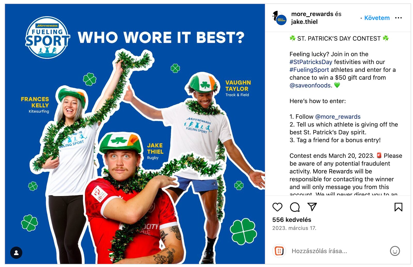 Fueling Sports organizza un concorso sui social media indossando ghirlande verdi e cappelli con quadrifogli come parte del marketing del giorno di San Patrizio.