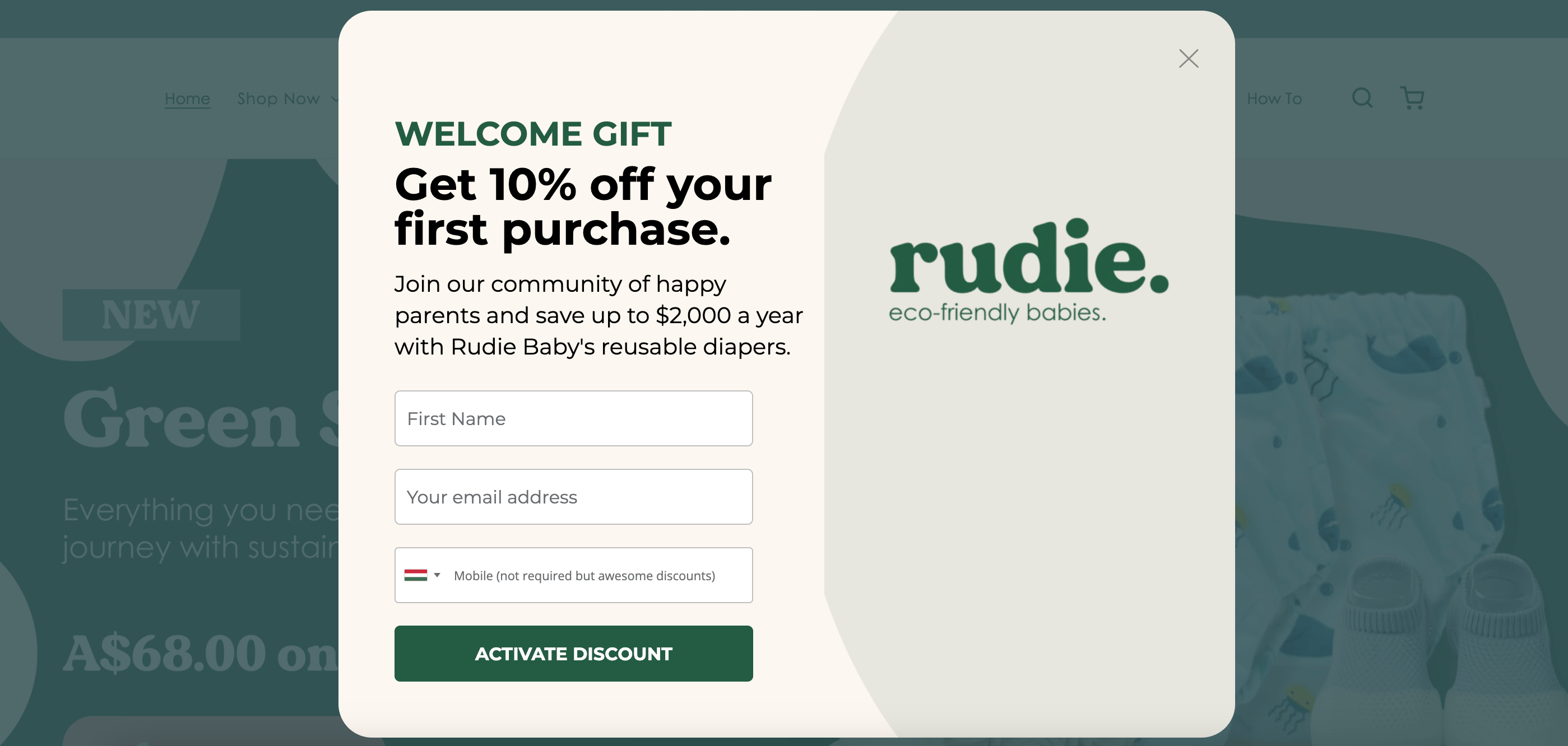 O exemplo pop-up de Rudie Baby tem uma opção de número de telefone adicional