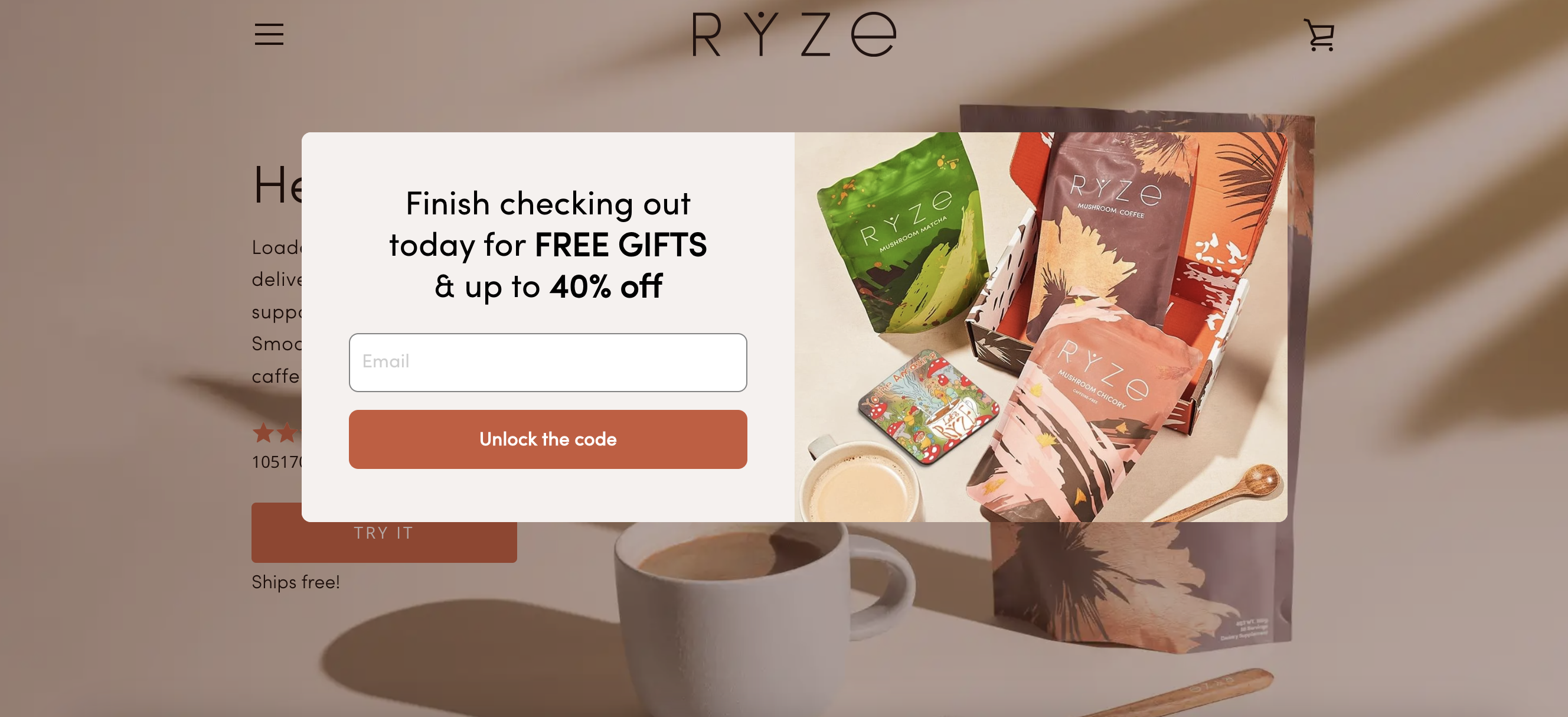 Contoh pop-up RYZE Mushroom Coffee menawarkan hadiah gratis dan diskon 40%.