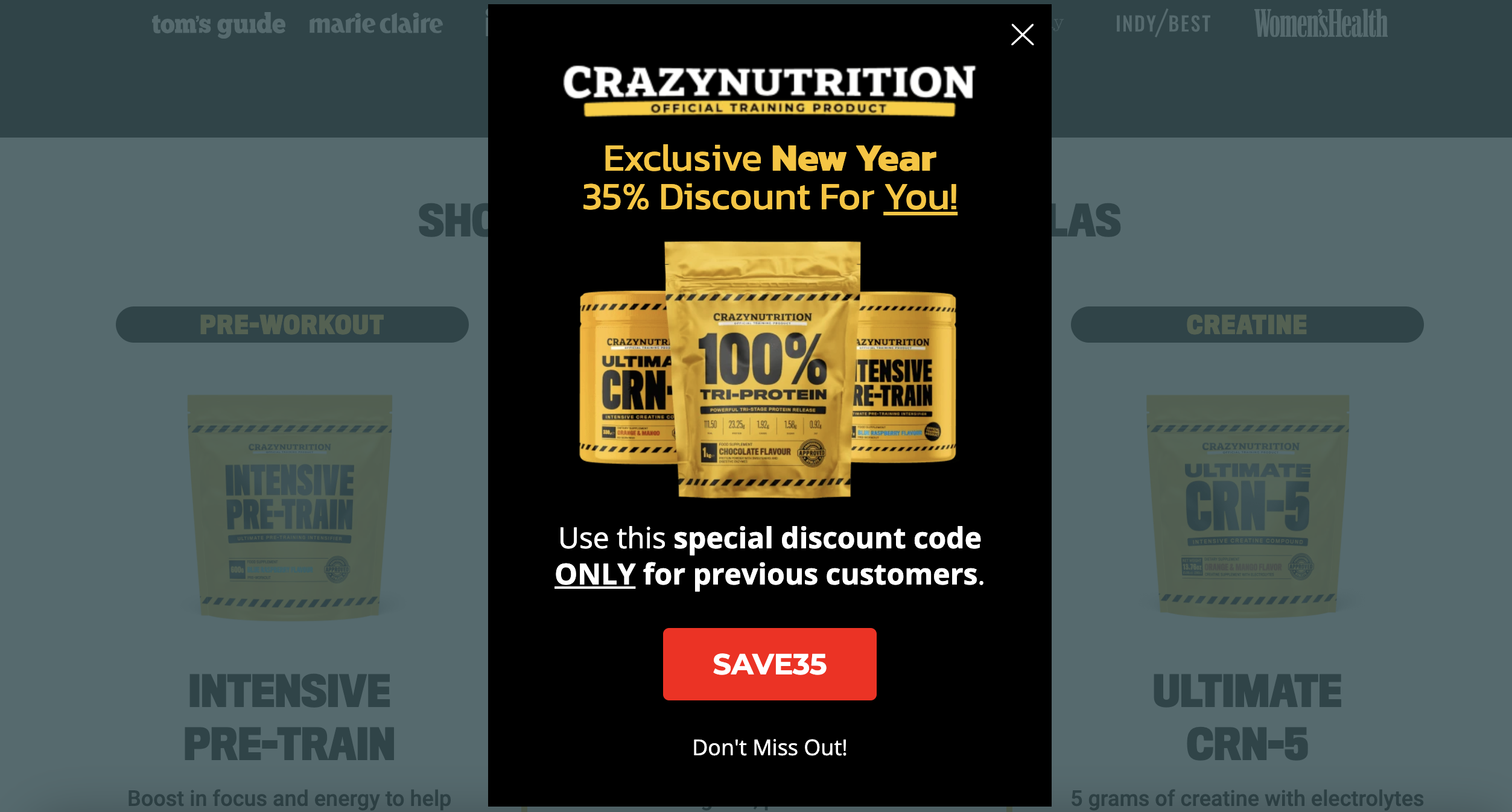 Il pop-up di Crazy Nutrition offre uno sconto speciale per i clienti abituali.