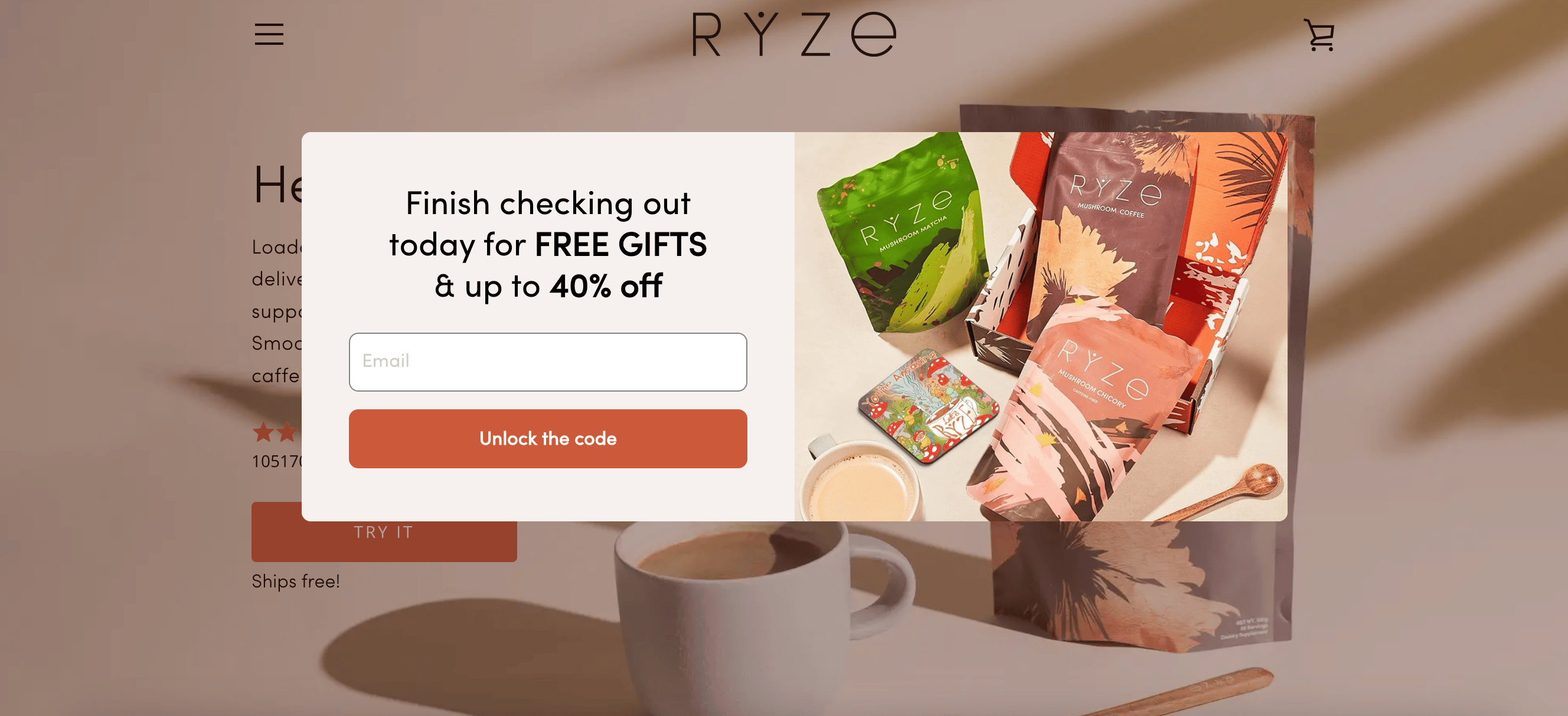 Contoh pop-up RYZE Mushroom Coffee menawarkan hadiah gratis dan diskon 40%.