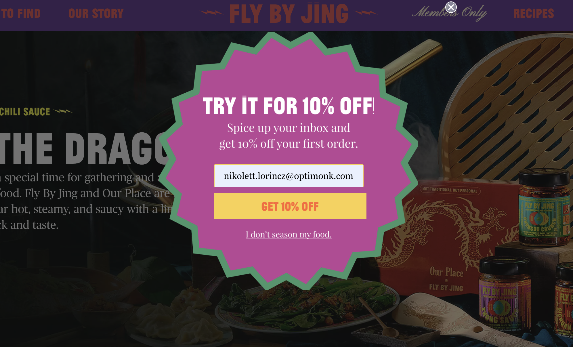 Contoh popup selamat datang Fly by Jing menggunakan warna-warna cerah dan teks yang menarik