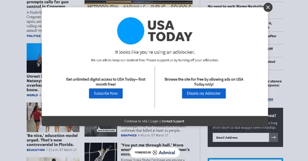 Le paywall USAToday propose des options d'abonnement payant ou de liste blanche