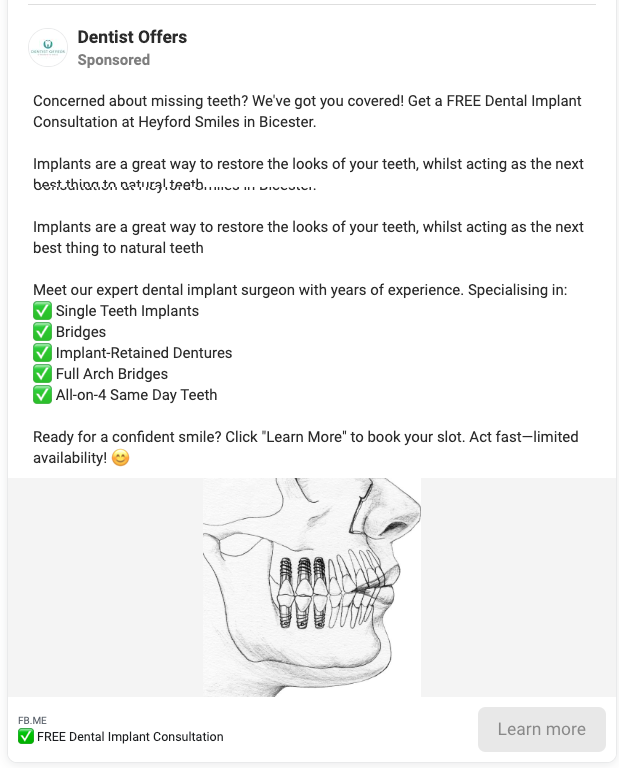 Z ofert dentystycznych. W reklamie widać, że dentysta zapewnia rozwiązanie dostosowane do indywidualnych potrzeb.