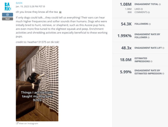 Instagram Reel de Bark incluye el título en la publicación y generó más de un millón de me gusta, como se ve en la sección de análisis de publicaciones sociales de Rival IQ.