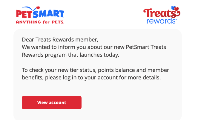 Tangkapan layar email dari PetSmart yang mengumumkan perubahan program barunya.