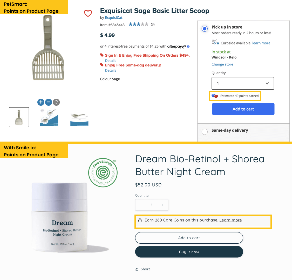 Tangkapan layar yang membandingkan tampilan informasi poin PetSmart di halaman produk vs. di situs web menggunakan Smile.io.