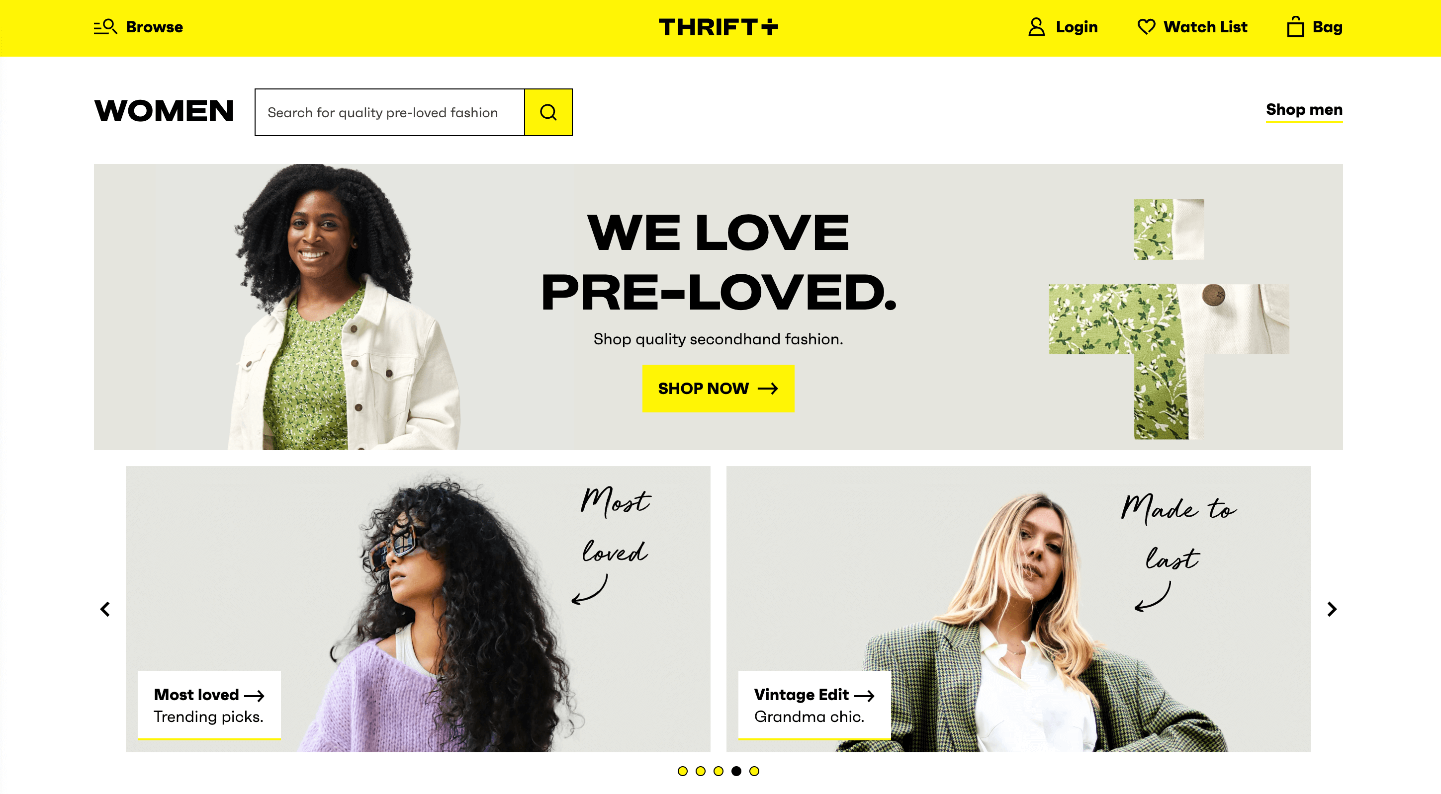 Скриншот домашней страницы Thrift Plus с призывом покупать качественную подержанную модную одежду.