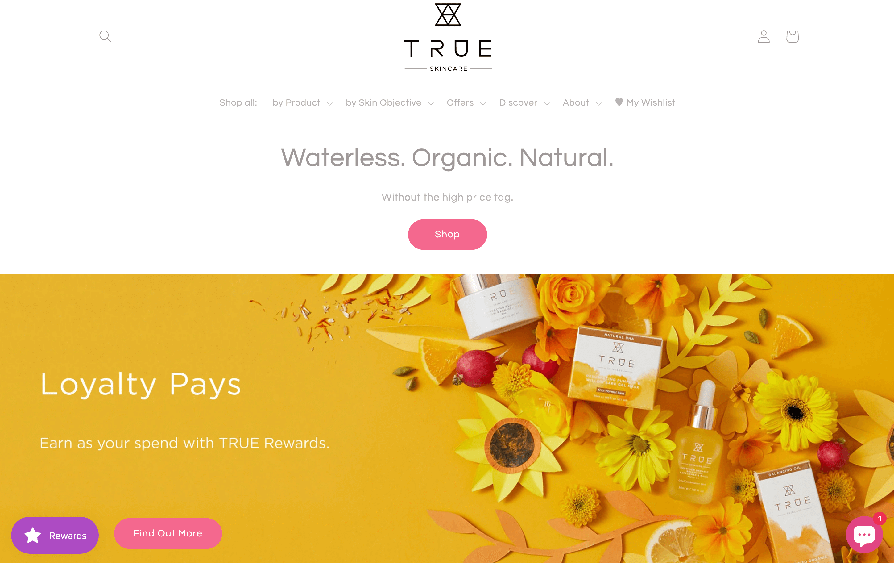 TRUE Skincare 主頁的螢幕截圖顯示了加入其忠誠度計畫的號召性用語。