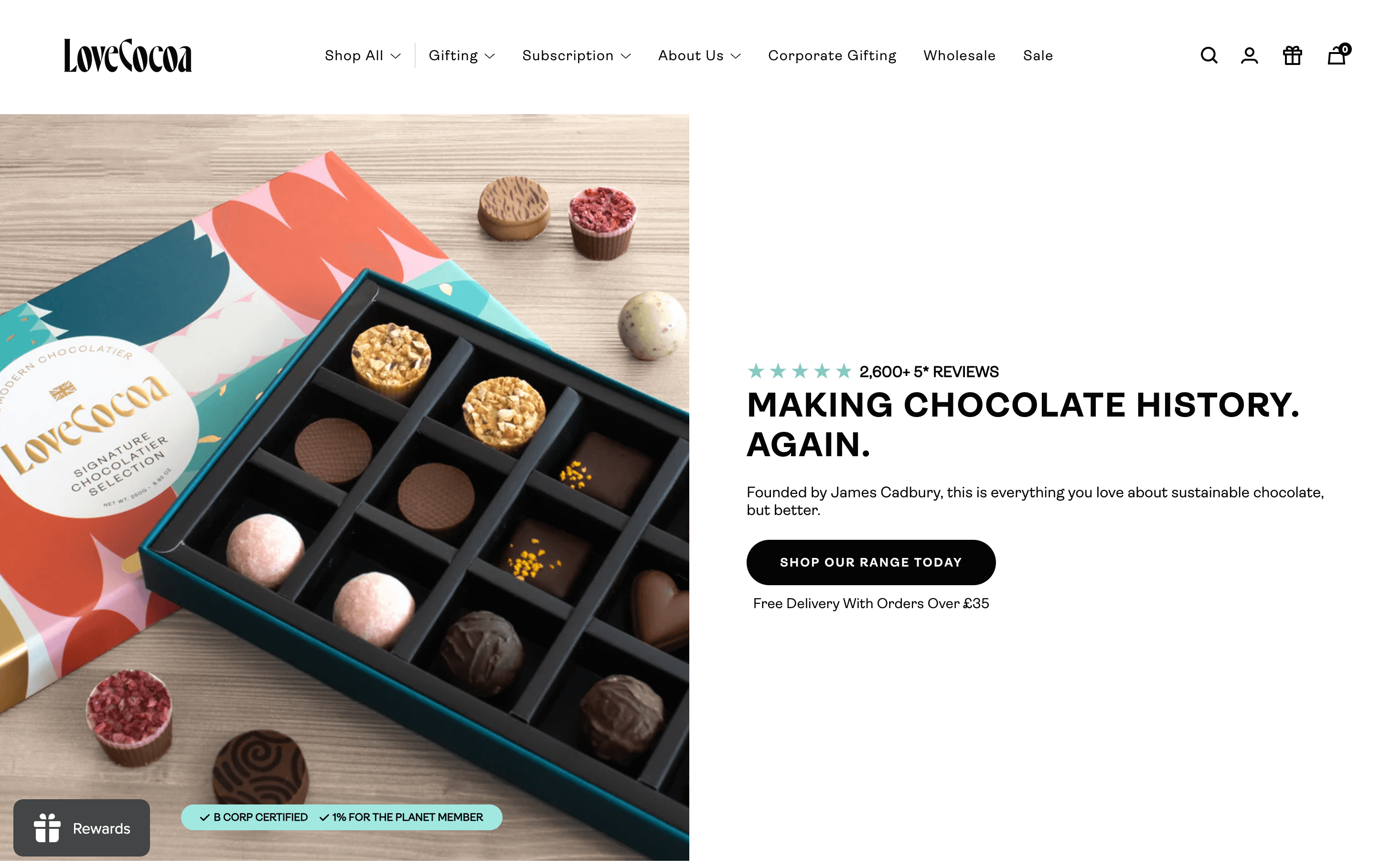 Love Cocoa 主页的屏幕截图显示了一盒松露巧克力。