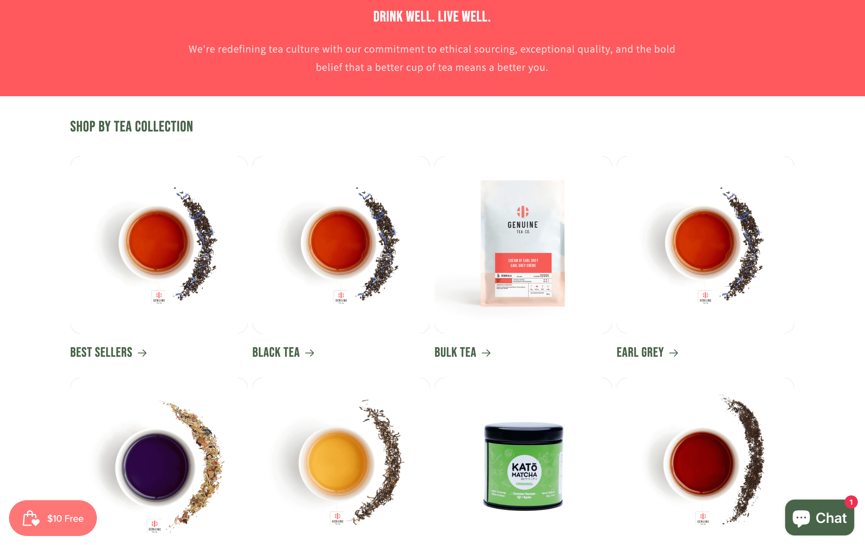 Genuine Tea 主页的屏幕截图显示了其不同的茶品种，包括红茶、散装茶、伯爵茶等。