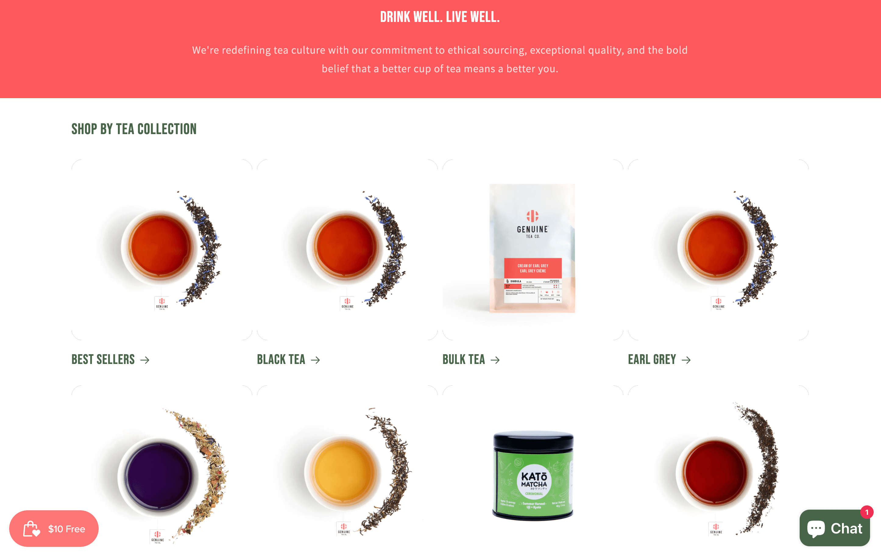 Genuine Tea 主頁的螢幕截圖顯示了其不同的茶品種，包括紅茶、散裝茶、伯爵茶等。