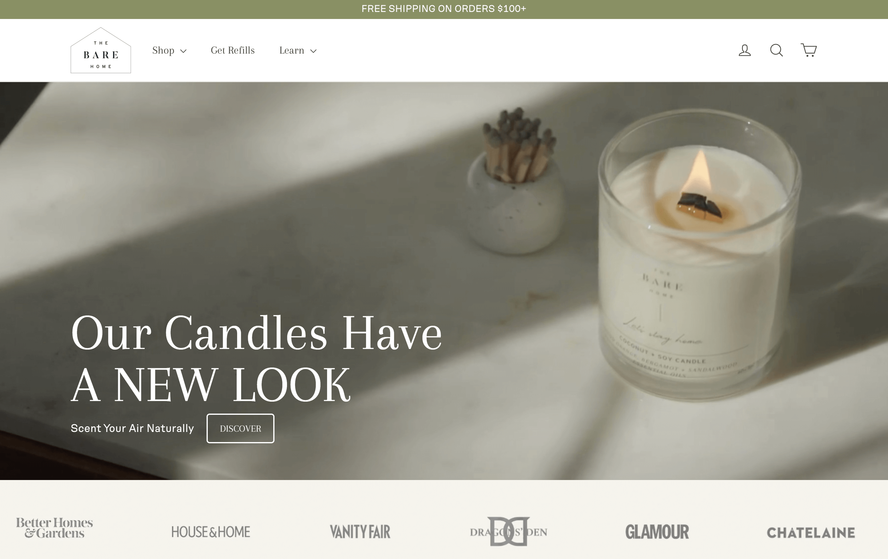 显示品牌蜡烛的主页屏幕截图。