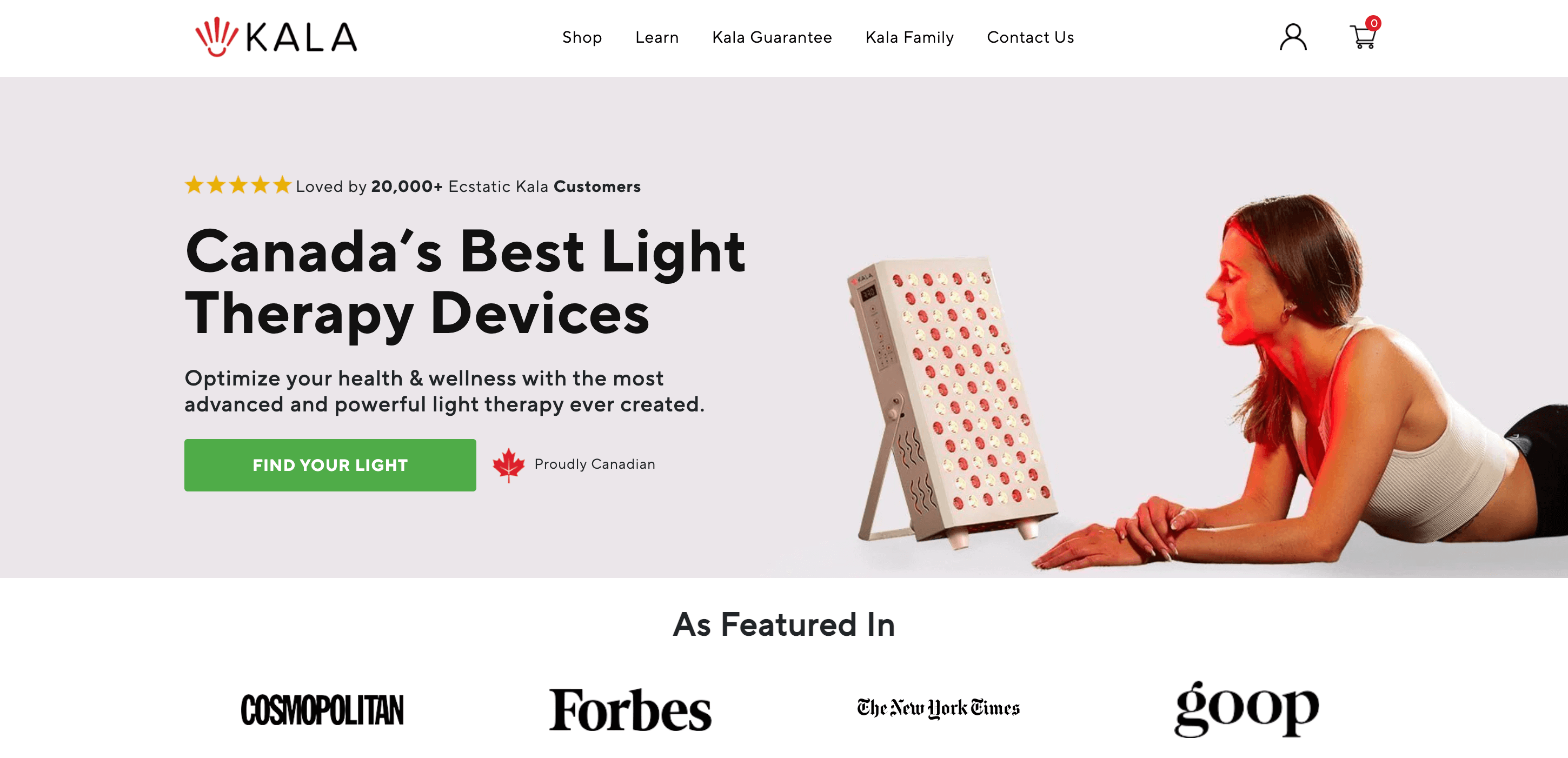 Ein Screenshot der Homepage von KALA Therapy, auf der es als „Kanadas beste Lichttherapiegeräte“ beworben wird.