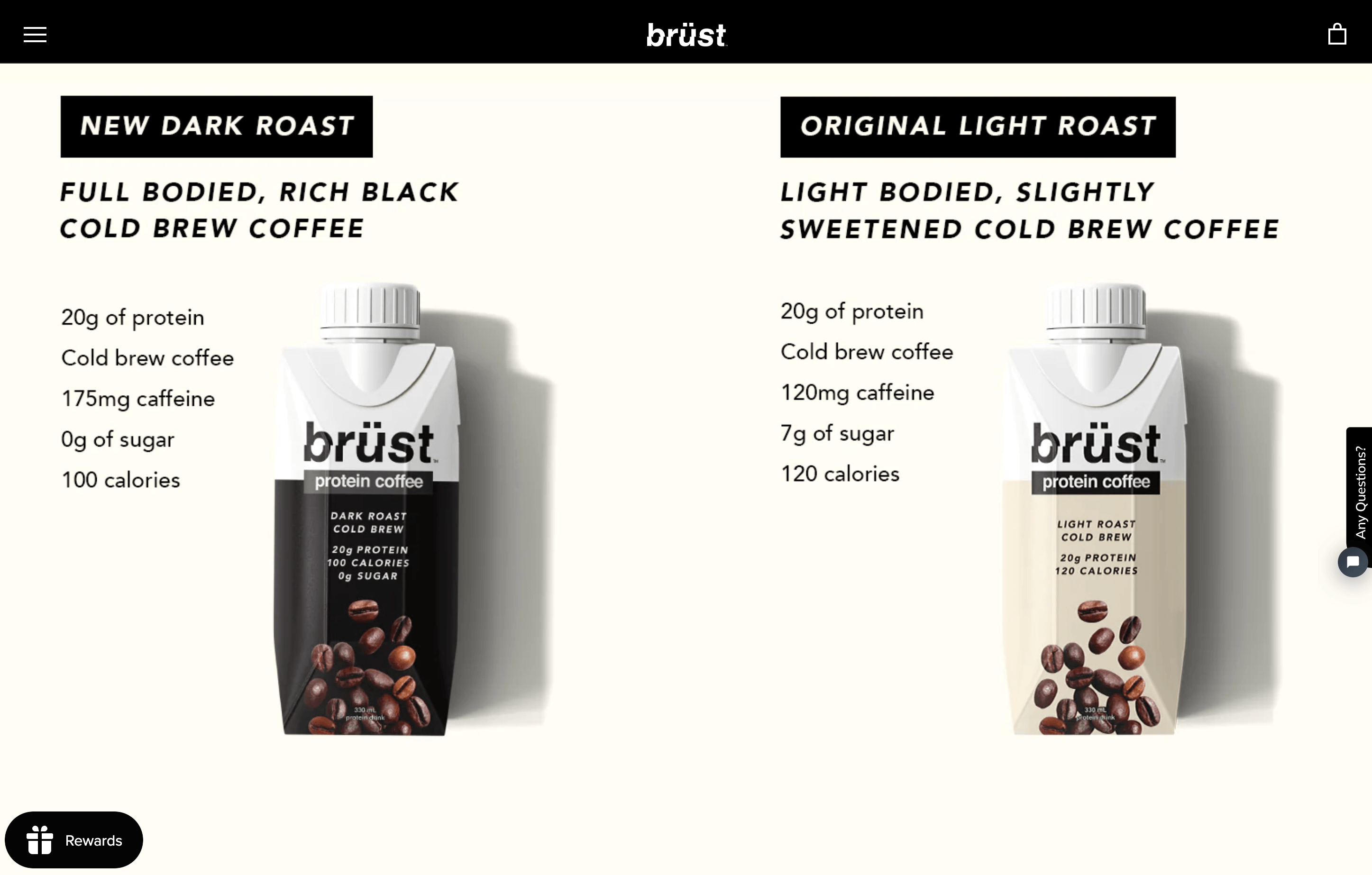 Ein Screenshot von Brusts Homepage, der die Eigenschaften seiner Proteinkaffees Dark Roast und Light Roast zeigt.