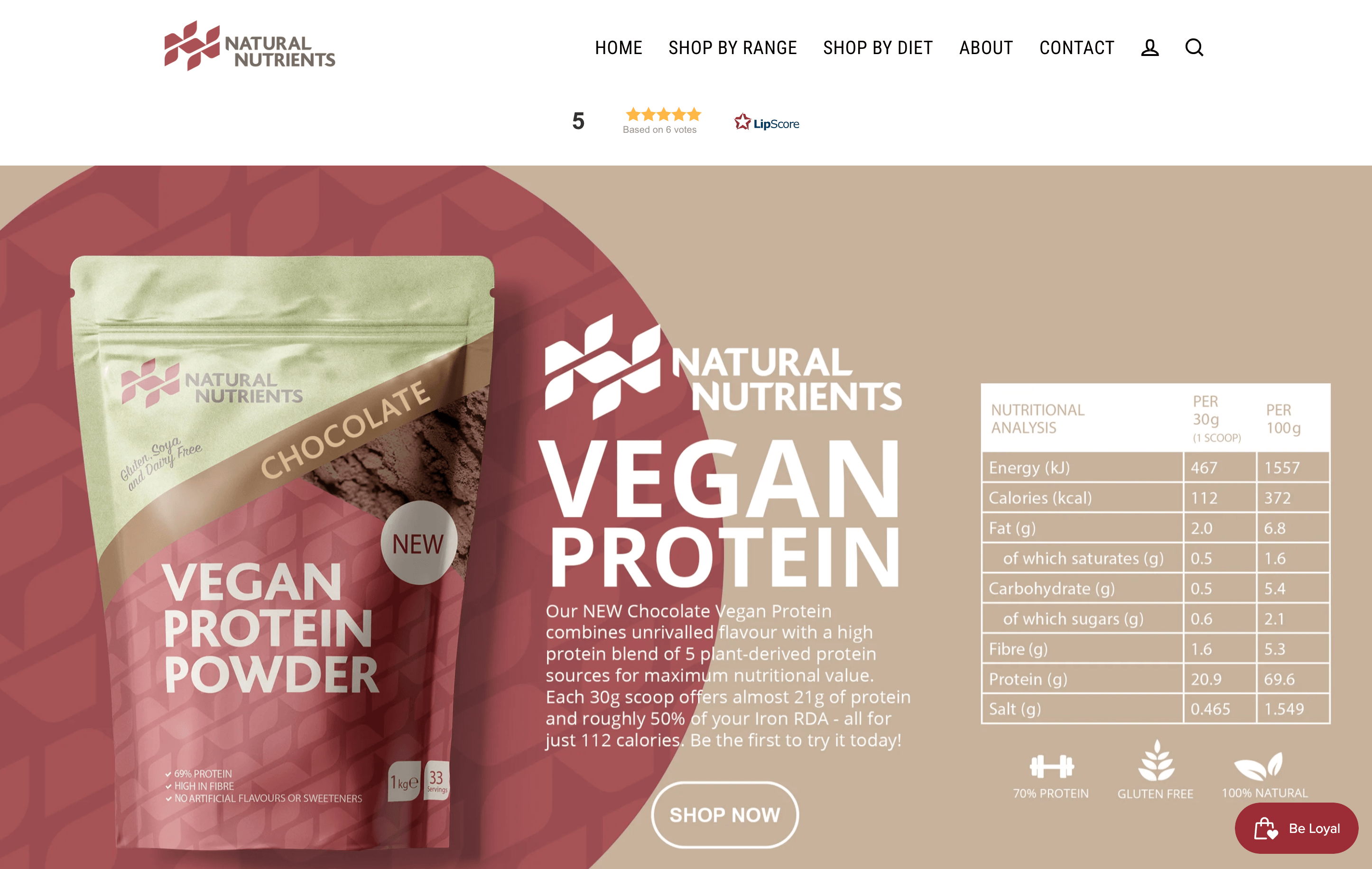 Natural Nutrients'ın ana sayfasının yeni Vegan Protein Tozu'nun ürün özelliklerini gösteren ekran görüntüsü.