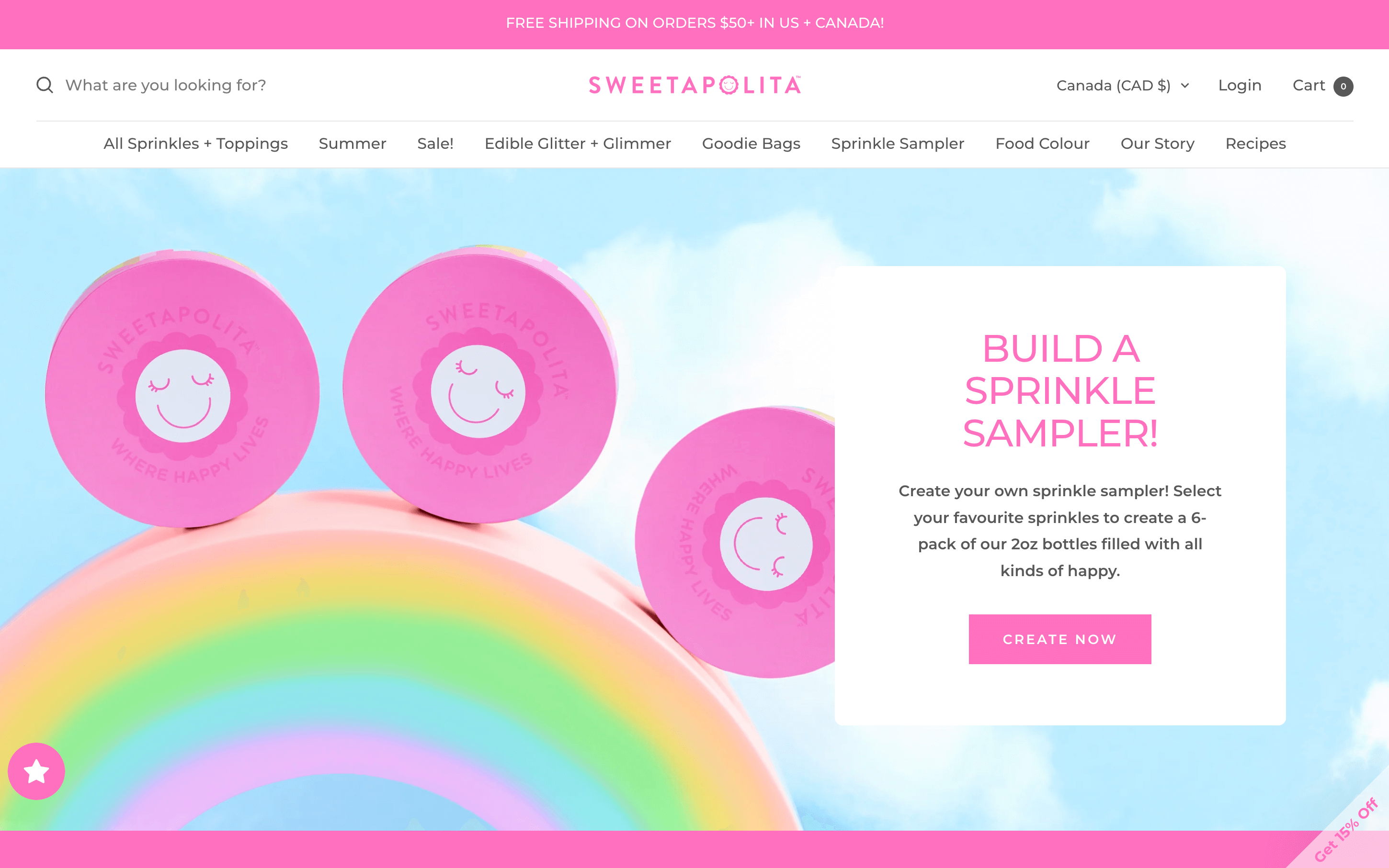 Ein Screenshot der Homepage von Sweetapolita, der die Sprinkler-Sampler-Optionen zeigt.