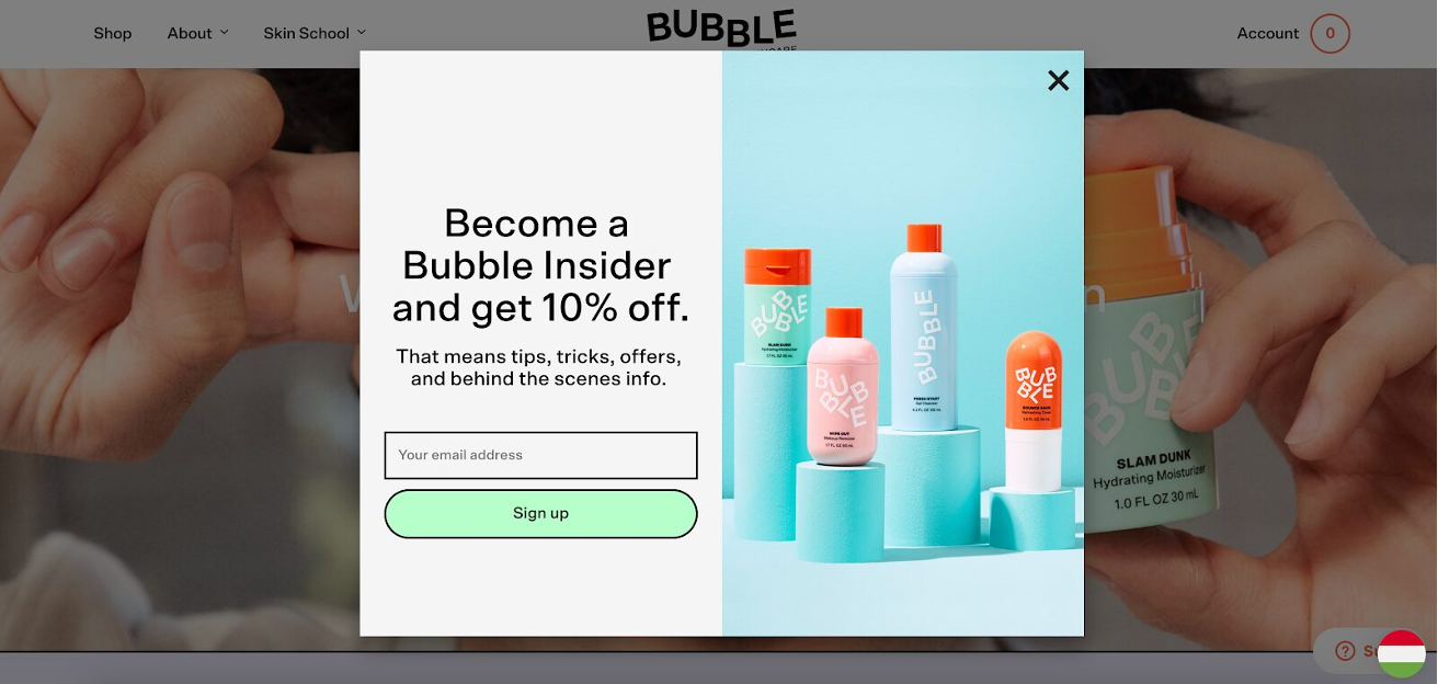 Rabatt-Popups von Bubble Skincare