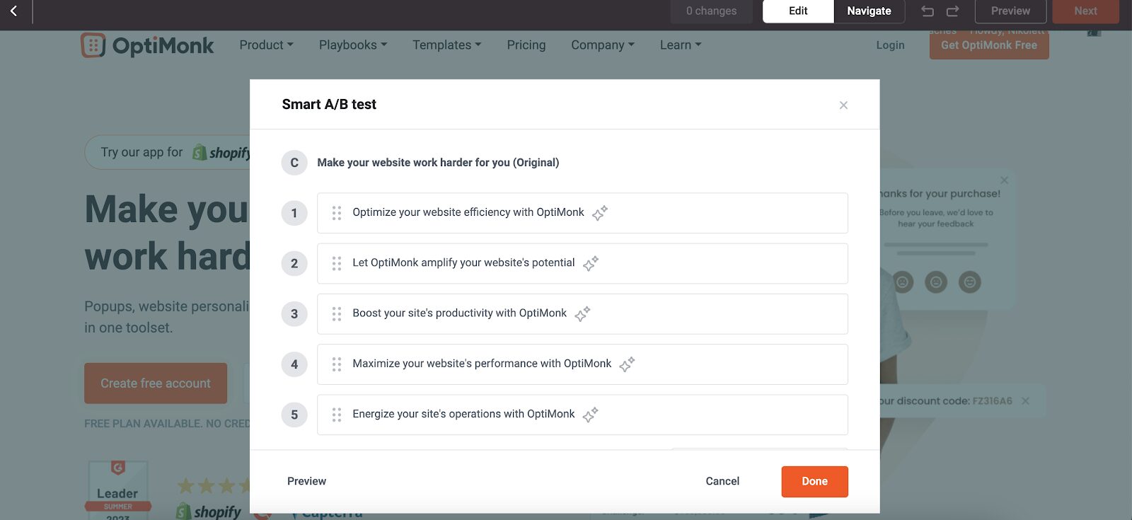 Les tests A/B intelligents d'OptiMonk peuvent vous aider à rationaliser le projet de test A/B