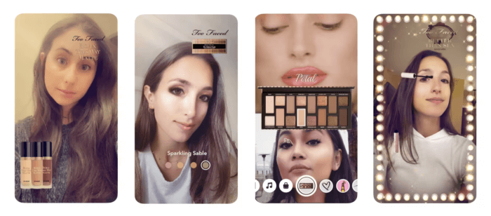 Patru cadre care arată filtre Snapchat create de Too-Faced pentru a arăta practic efectele produselor lor de machiaj, inclusiv un fond de ten, două palete de fard de pleoape și un rimel.