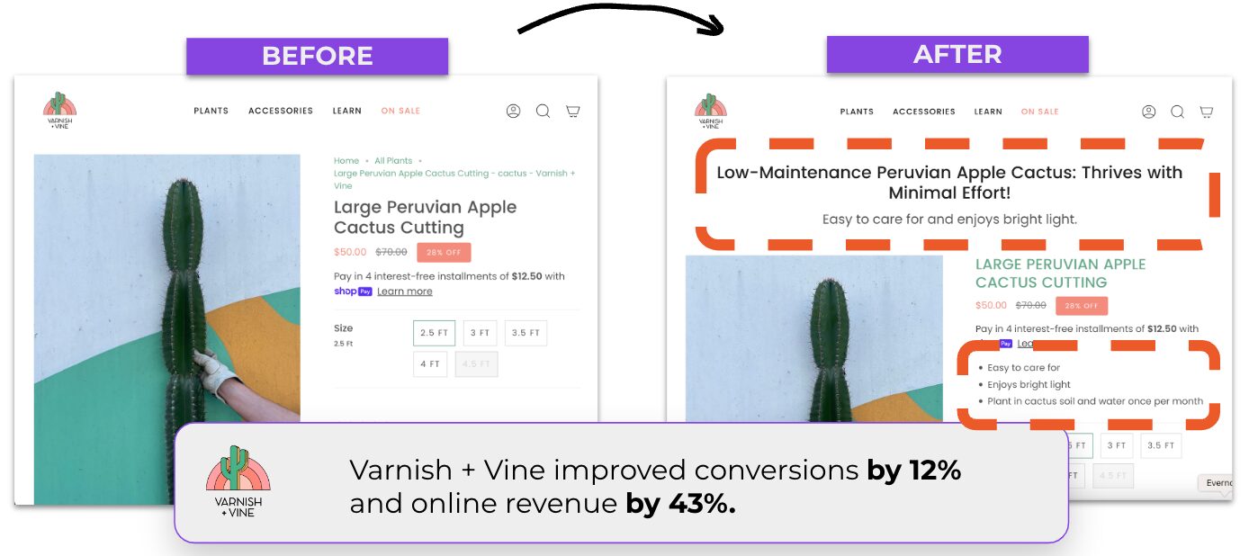 Varnish y Vine optimizaron las páginas de sus productos mediante la implementación de titulares y listas de viñetas centradas en los beneficios.