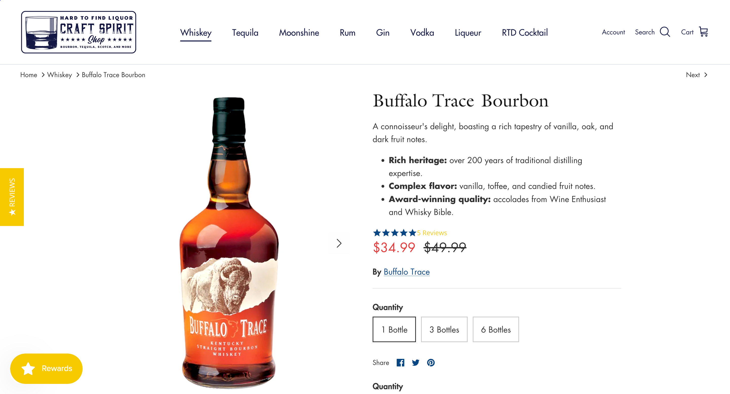 Buffalo Trace Bourbon'un ürün sayfasını gösteren Craft Spirit Shop