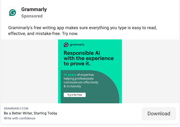 Grammarly'den. 15 yıllık deneyimi ve yapay zeka kullanımını gösteren bir reklam gösteriliyor.