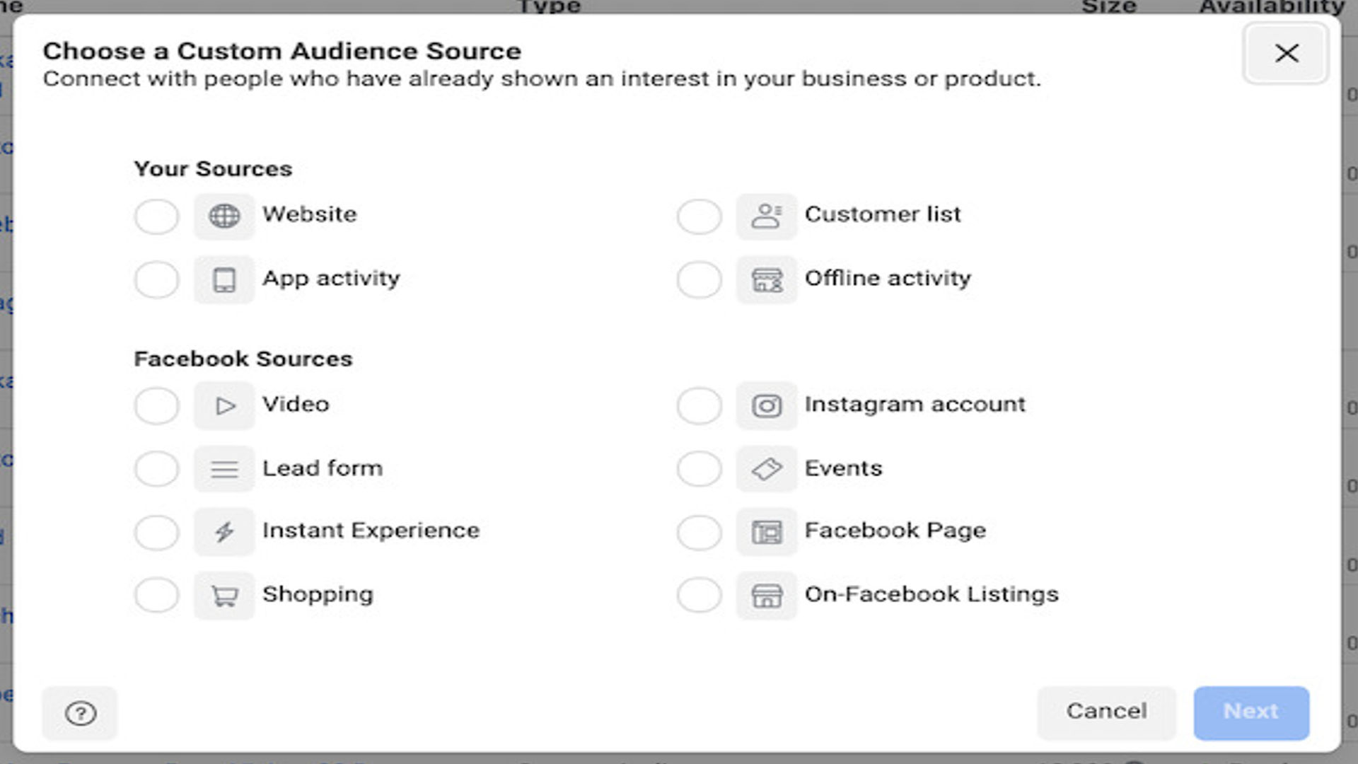 Une image montre la section d'audience personnalisée dans le gestionnaire de publicités Facebook.