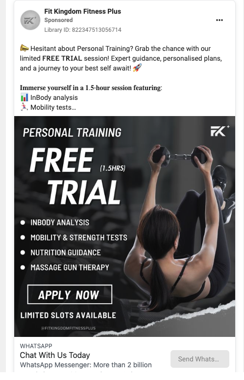 Dari Fit Kingdom Fitness Plus. Ini menunjukkan iklan tersebut menyediakan uji coba gratis