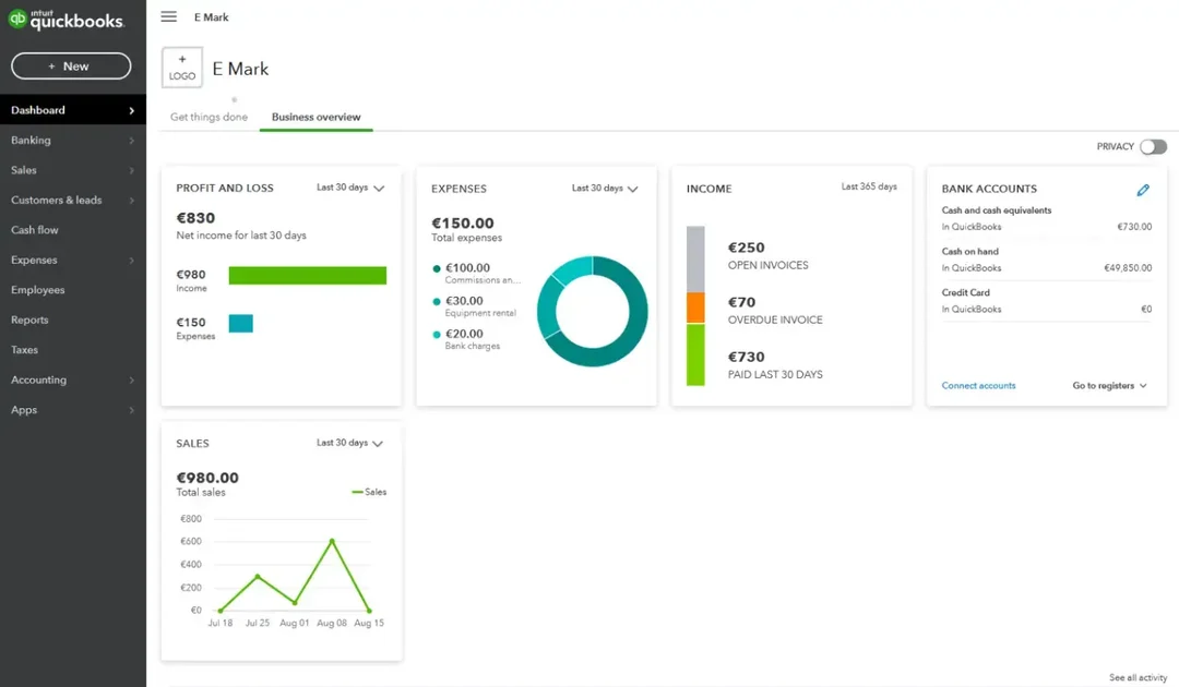 birden fazla işletme hesabında-bir-quickbooks-kontrol paneli-görüntüleyen-işlem takibinin-ekran görüntüsü