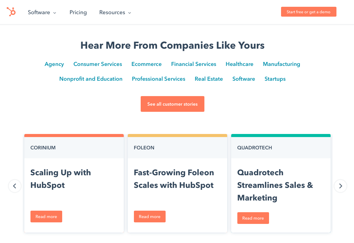 Hubspot의 사례 연구 스크린샷