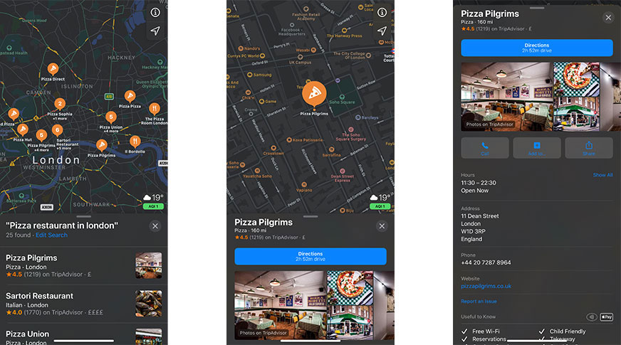 Apple Maps 移動端本地 SEO 搜索的 3 個屏幕截圖