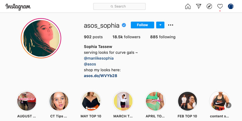 Özel bir ASOS hesabına sahip bir ASOS etkileyicisi olan ASOS Sophia'nın instagram profili