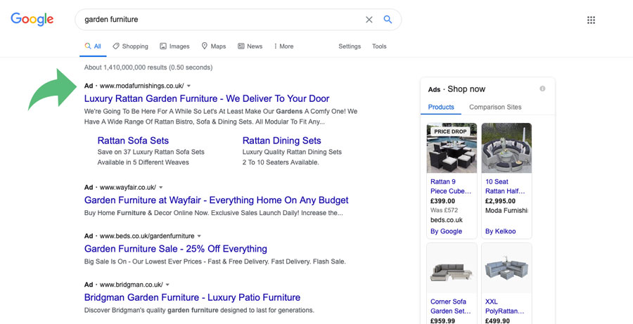 Atlanan reklam sonuçlarını gösteren bahçe mobilyaları SERP'lerinin ekran görüntüsü