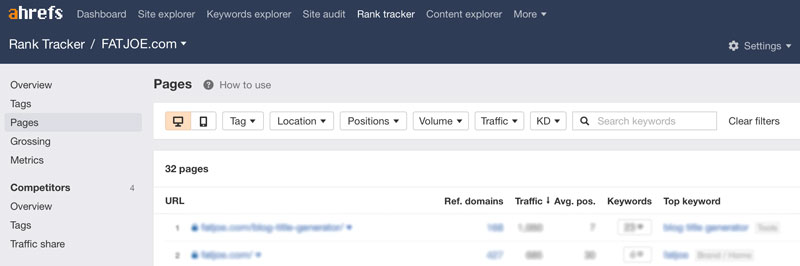 Ahrefs Rank Tracker'ın nerede bulunacağını gösteren bir ekran görüntüsü