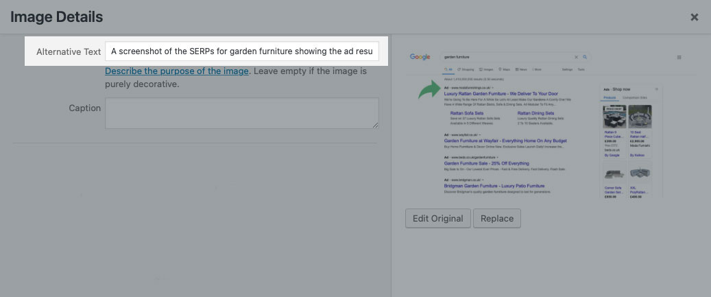 Une capture d'écran de l'endroit où mettre à jour le texte alternatif dans WordPress
