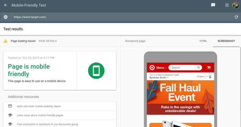 لقطة شاشة لأداة Google's Free SEO Tool: Mobile Friendly Test باستخدام target.com كمثال