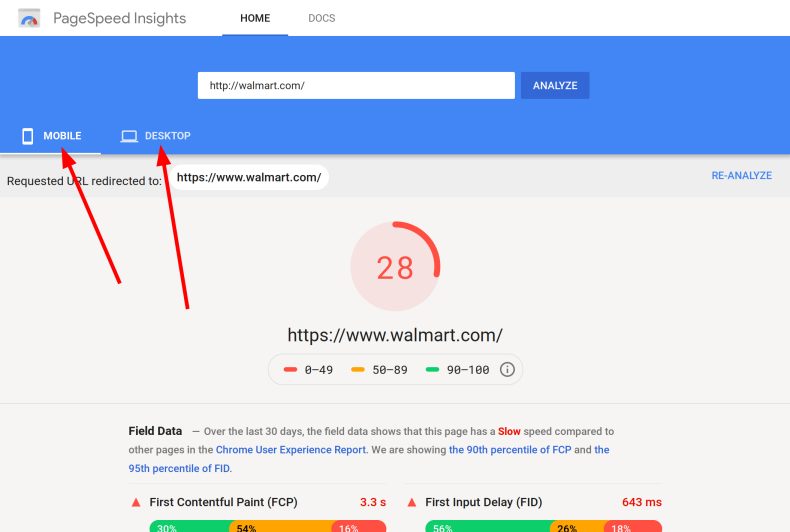 لقطة شاشة تعرض PageSpeed ​​Insights نتائج موقع Walmart.com