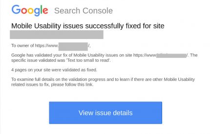 بريد إلكتروني من Google Search Console حول الإيجابيات الخاطئة التي يتم إصلاحها