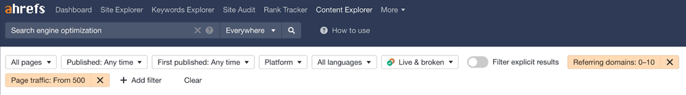 كيفية تصفية الكلمات الرئيسية منخفضة المنافسة على ahrefs content explorer