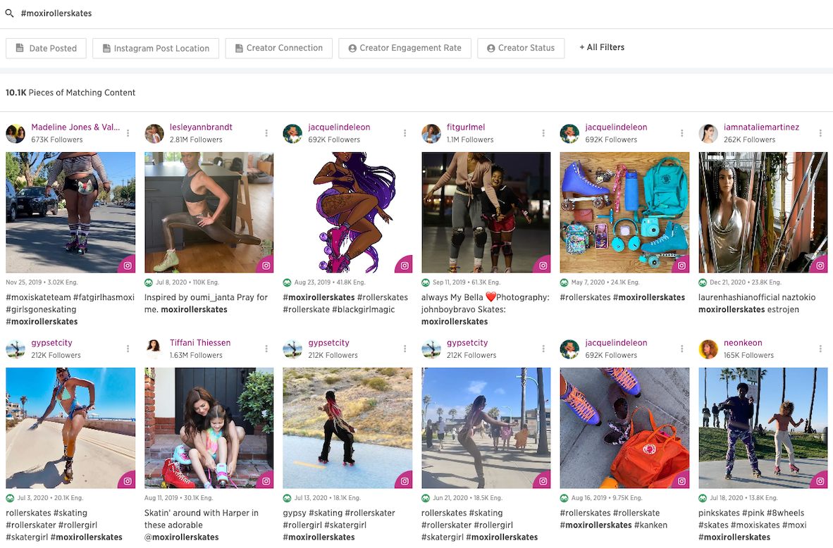 Une capture d'écran de l'outil de marketing d'influence utilisé pour trouver des influenceurs
