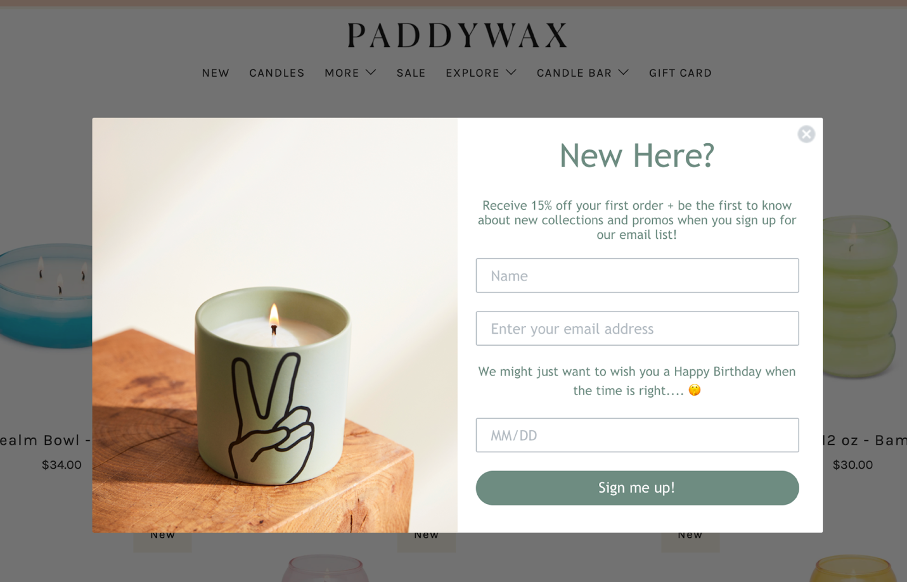 paddywax - 29 Email Popup Examples to Get More Newsletter Subscribers