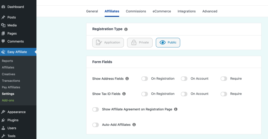 Easy Affiliate's default public signup settings.