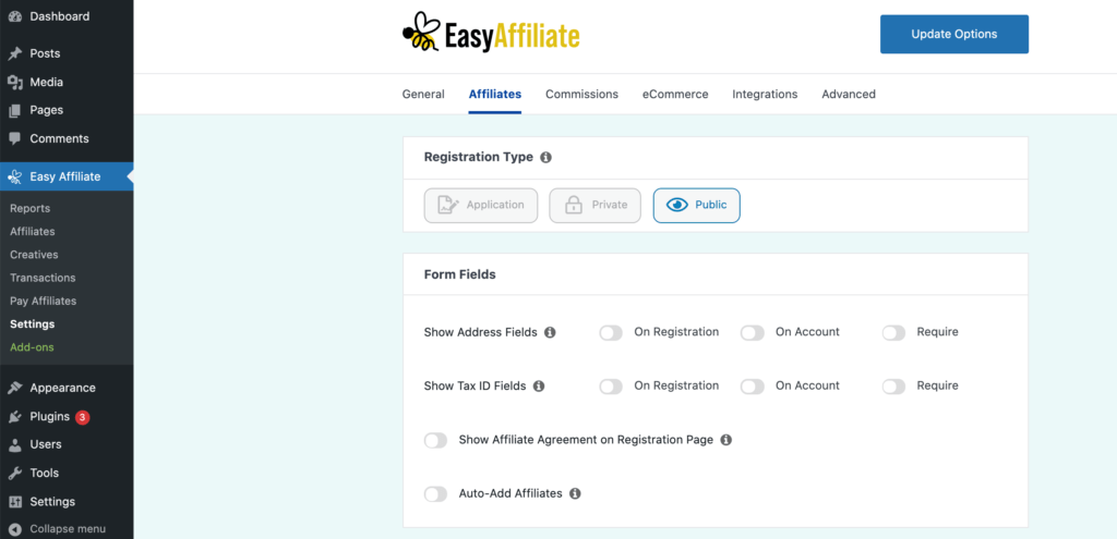 The Easy Affiliate settings.