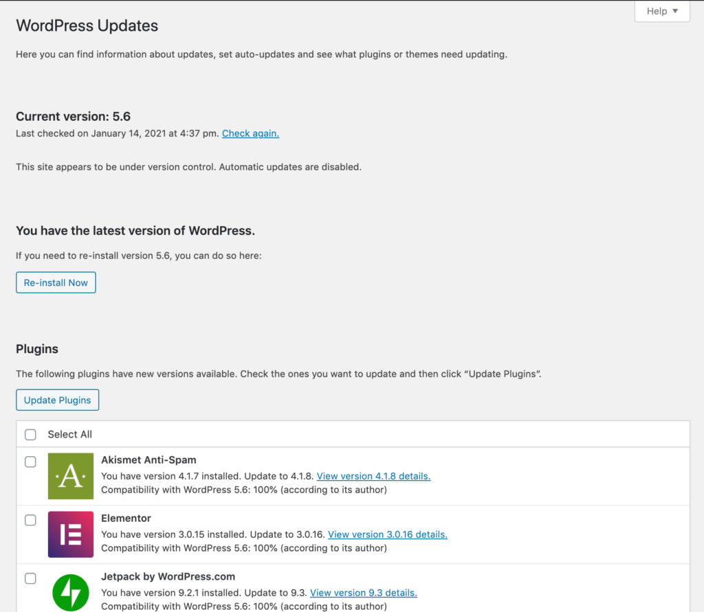 The WordPress Updates screen.