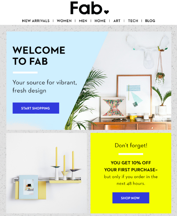 welcome fab - 5 Types of Ecommerce Email Templates to Drive More Sales (+22 Examples)