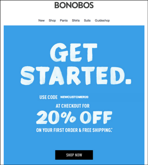 bonobos welcome email - 5 Types of Ecommerce Email Templates to Drive More Sales (+22 Examples)