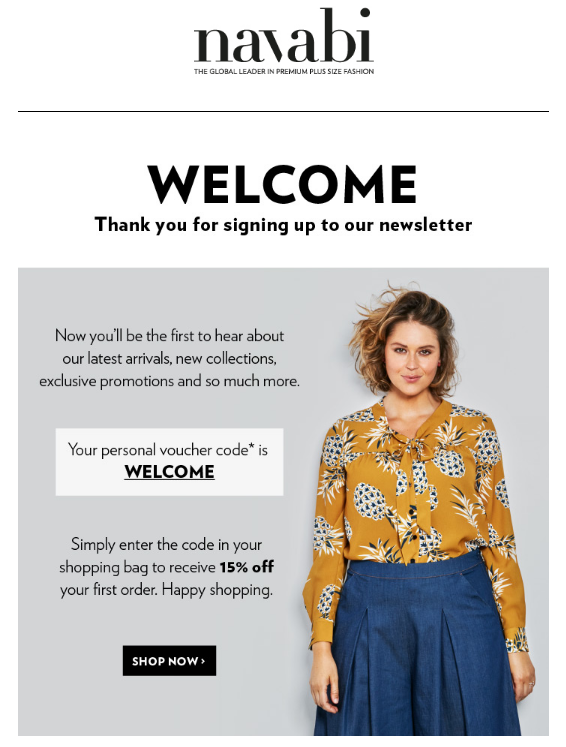 navabi welcome email - 5 Types of Ecommerce Email Templates to Drive More Sales (+22 Examples)