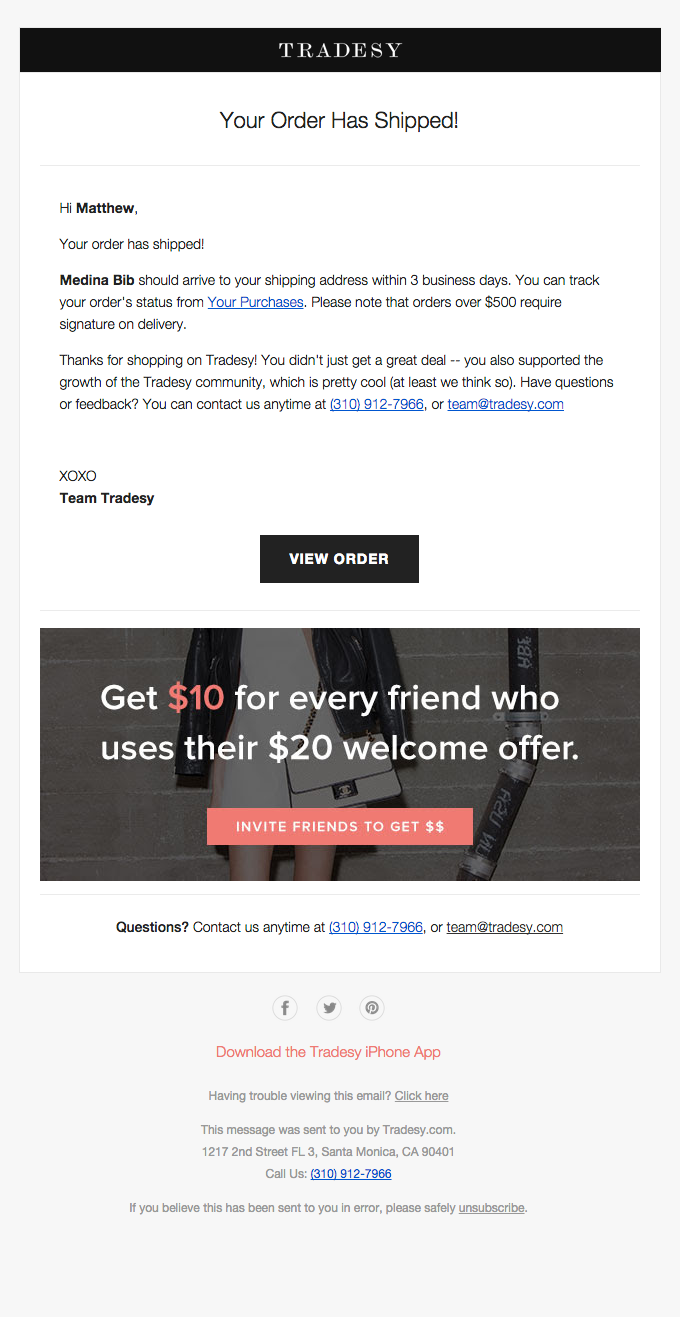 Tradesy Shipping Confirmation - 5 Types of Ecommerce Email Templates to Drive More Sales (+22 Examples)