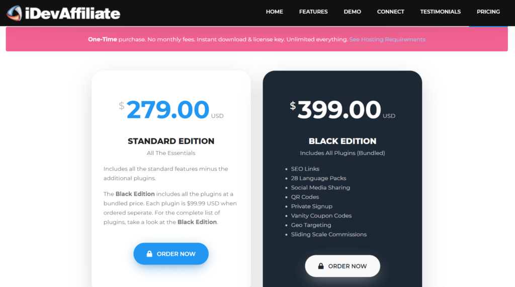 iDevAffiliate self-hosted pricing plans